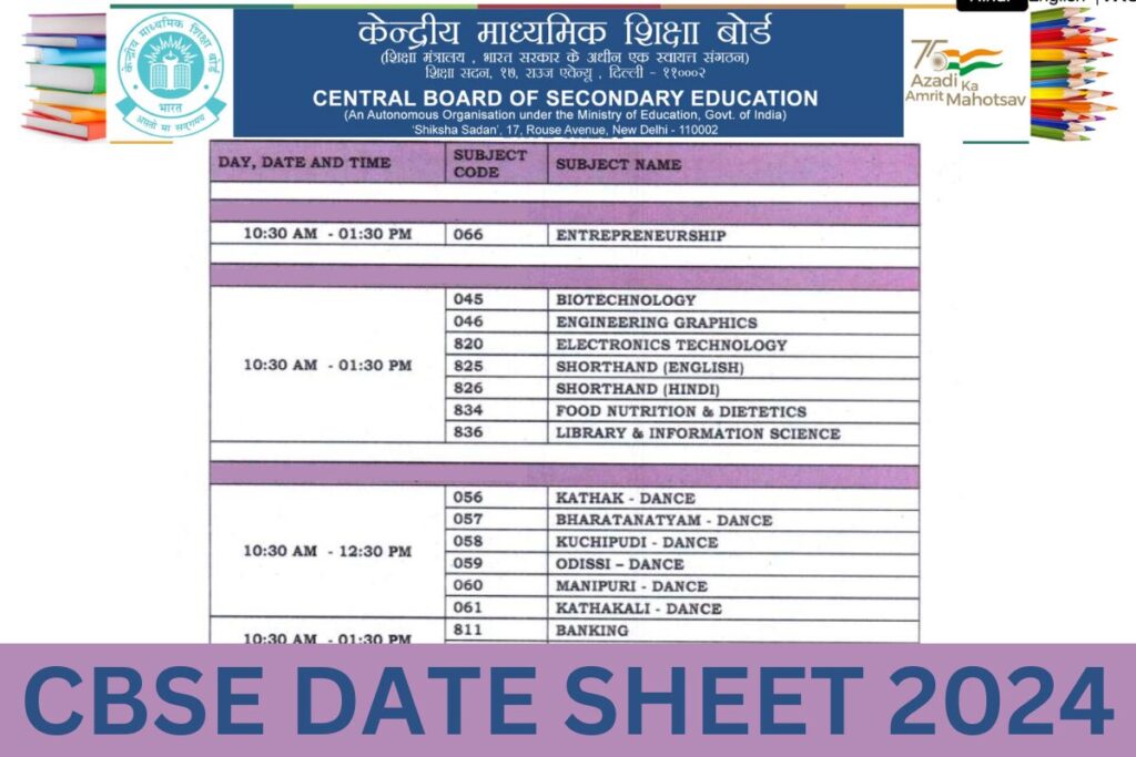CBSE Date Sheet 2024 (Out) Class 10th 12th Time Table cbse.gov.in