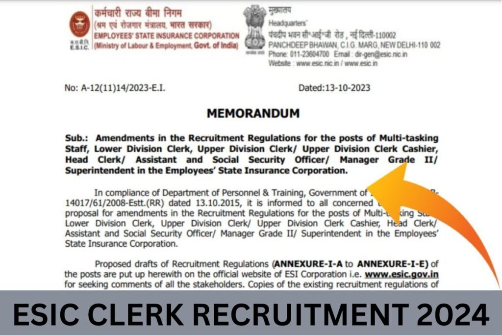 ESIC Clerk Recruitment 2024