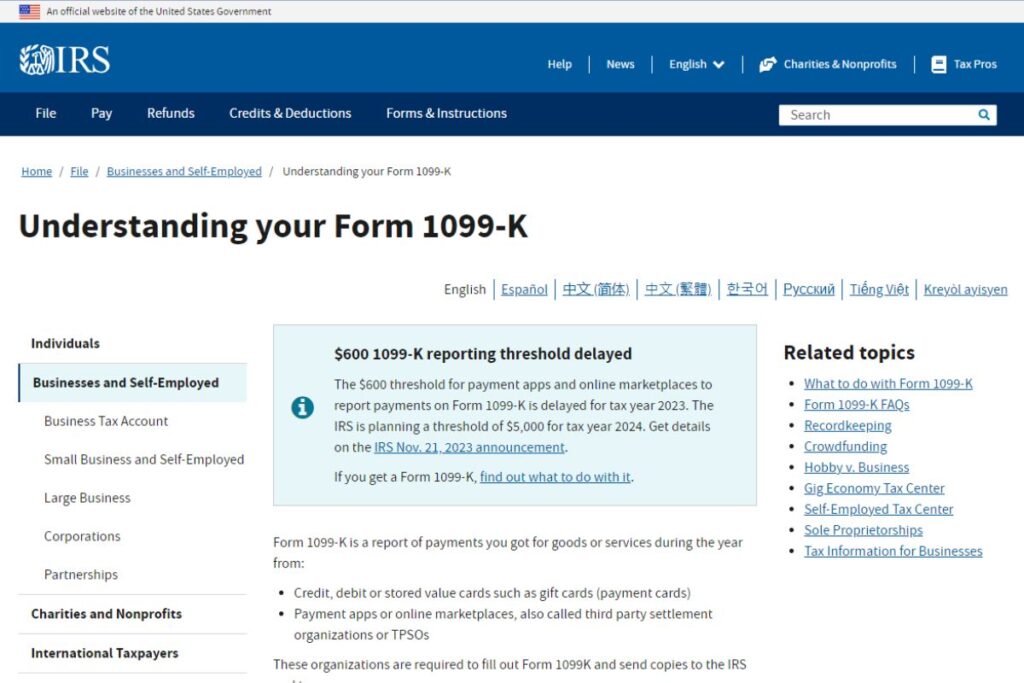 IRS $600 Reporting Threshold, 1099-K Form, Requirements
