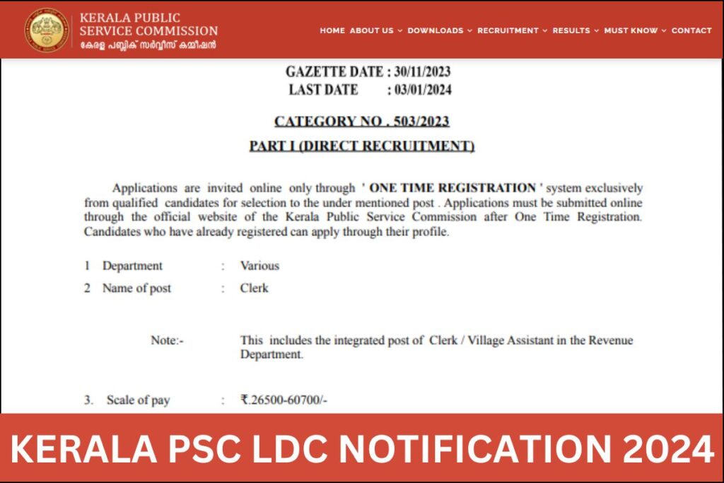 Kerala PSC LDC Notification 2024